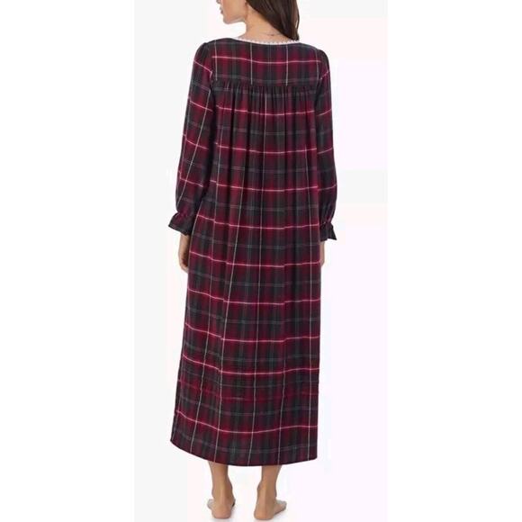 Eileen West Dark Pink Plaid 3/4 Sleeve Lace Ruffle Pockets Flannel Nightgown S - Picture 13 of 16